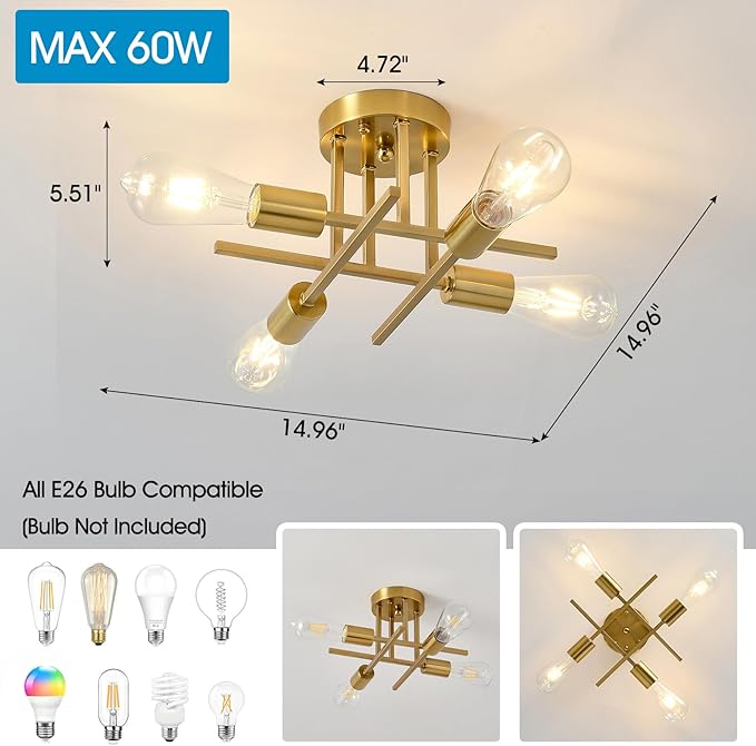 EGM Gold Semi Flush Mount Ceiling Light, 4-Light Modern Kitchen Light Fixture with E26 Base, Ceiling Lamp for Bedroom, Sputnik Chandelier for Dining Room Living Room Foyer Office (1 Pack)