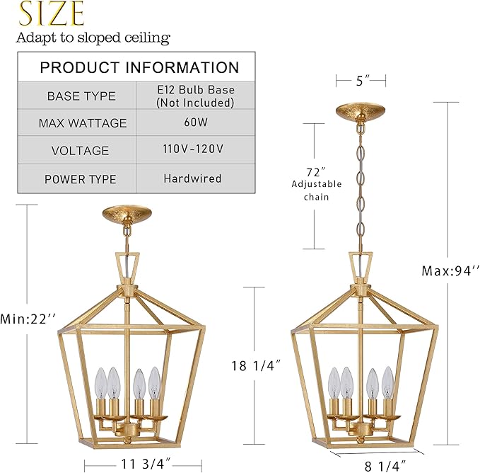 Untrammelife 4-Light Gold Lantern Pendant Light, Adjustable Height Metal Geometric Light Fixture 12'' Classic Cage Chandelier for Kitchen Island Hallway, Hand-Pasted Gold Foil Finish