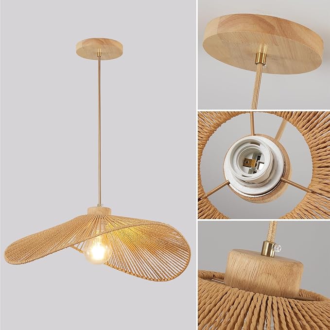 Boho Rattan Pendant Light Fixture Modern Style Hanging Light Bohia Natural Bamboo Handmade2-Light Hanging Lamp for Farmhouse Bedroom Living Room Dining Room S Size
