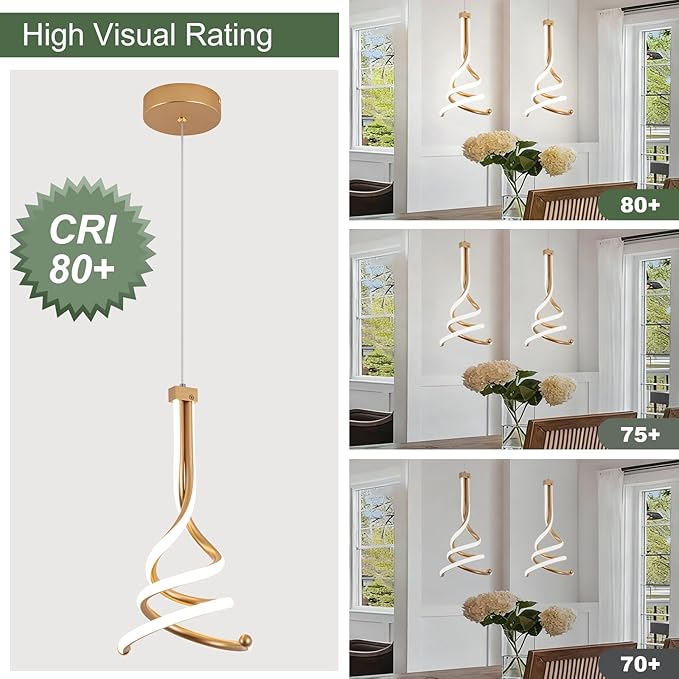 EIDISUNY Modern Pendant Light, Spiral LED Pendant Light Fixture, 4500K LED Hanging Lamp, Gold Chandelier Lights Fixture, 20W Adjustable for Kitchen Island, Dining Room, Bedroom,1 Pack