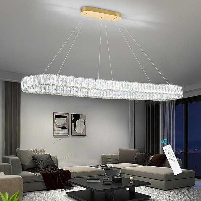 HAIXIANG Crystal 59 Inch Long Chandelier Modern Dimmable LED Chandeliers for Dining Table Pendant Lights Rectangular Glam Lighting Fixtures for Dining Room Kitchen Island Gold