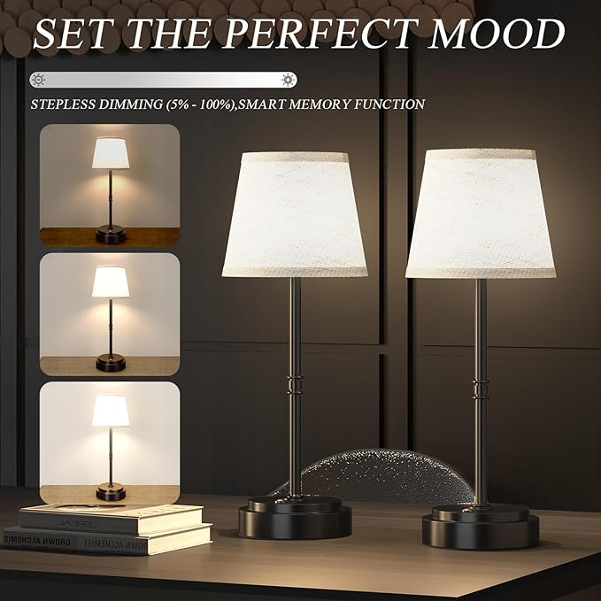 Cordless Table Lamp Rechargeable Black - 1 Pack 7500mAH Battery Operated Lamp for Decor, 3000K Stepless Dimming Touch Control Wireless Lamp for Bedroom, Dining Table, Counter, Living Room