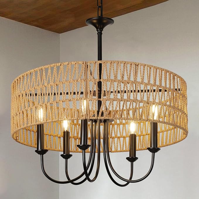 24 Inch Farmhouse Rattan Chandelier, Hand-Woven Boho Pendant Light Fixture with Black Metal Frame, Rustic Hanging Ceiling Lighting for Dining Room, Kitchen Island, Living Room, Bedroom