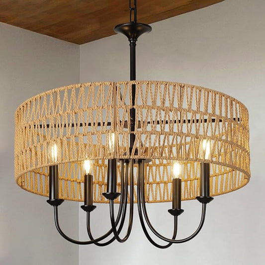 24 Inch Farmhouse Rattan Chandelier, Hand-Woven Boho Pendant Light Fixture with Black Metal Frame, Rustic Hanging Ceiling Lighting for Dining Room, Kitchen Island, Living Room, Bedroom