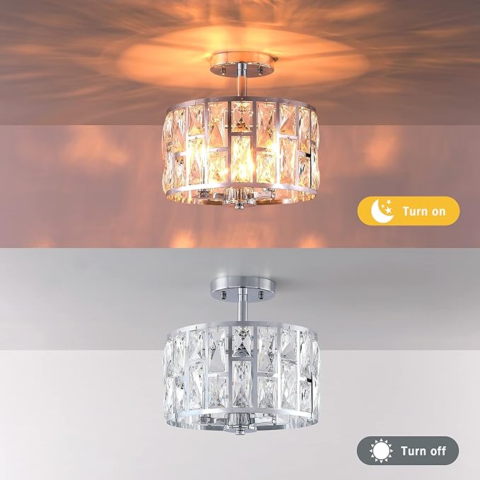 MEXO Farmhouse Crystal Round Semi Flush Mount Modern Close to Ceiling Light Fixture, Cylinder Drum Shade Ceiling Lights 3LT Ceiling Lamp for Kitchen Island Dinning Room Bedroom