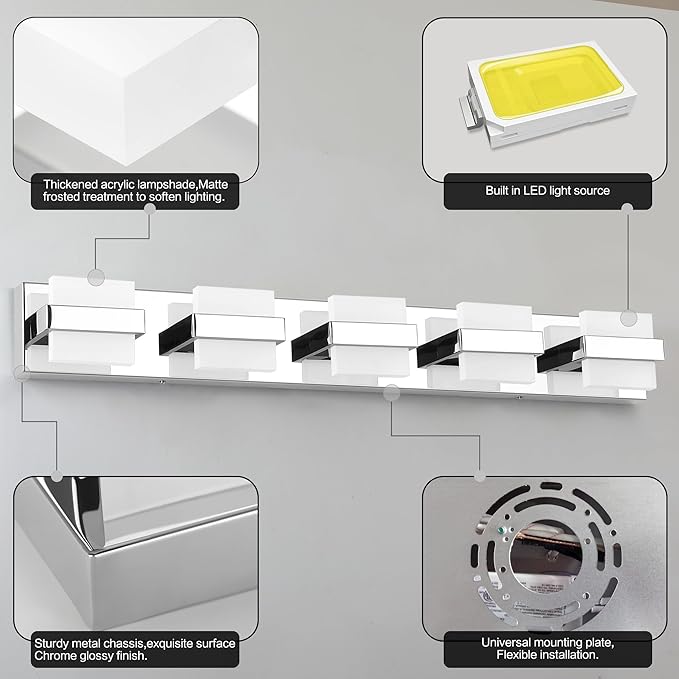 SOLFART Chrome 5 Light Bathroom Vanity Lights Over Mirror, Modern Chrome Bathroom Light Fixtures LED Lights Dimmable