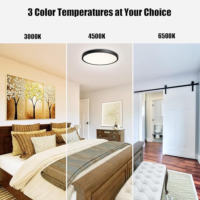 12 inch Flush Mount LED Ceiling Light Fixture, 3000K/4500K/6500K Selectable Ceiling Lights, Ultra Thin Round Black Ceiling Lamp for Living Room, Bedroom, Kitchen, Bathroom, Hallway, Non-dimmable