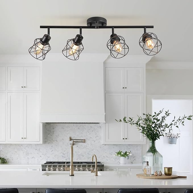 4-Lights Black Semi Flush Mount Ceiling Light, Adjustable Multi-Directional Light Fixtures,Rotatable Farmhouse Light Fixture with Metal Cage for Dining Room,Living Room,Kitchen