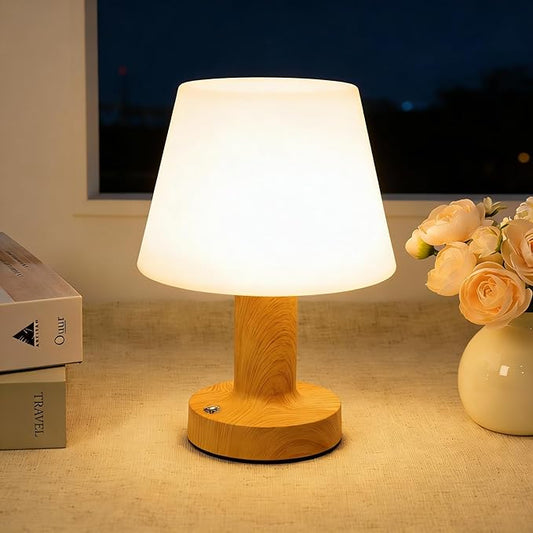 HAPYGI Small Mushroom Table Lamp, Cordless Night Light with 2600mAh Rechargeable Battery, Stepless Dimming Desk Lamp with 3 Colors for Bedroom/Patio/Living Room (Wooden-2)