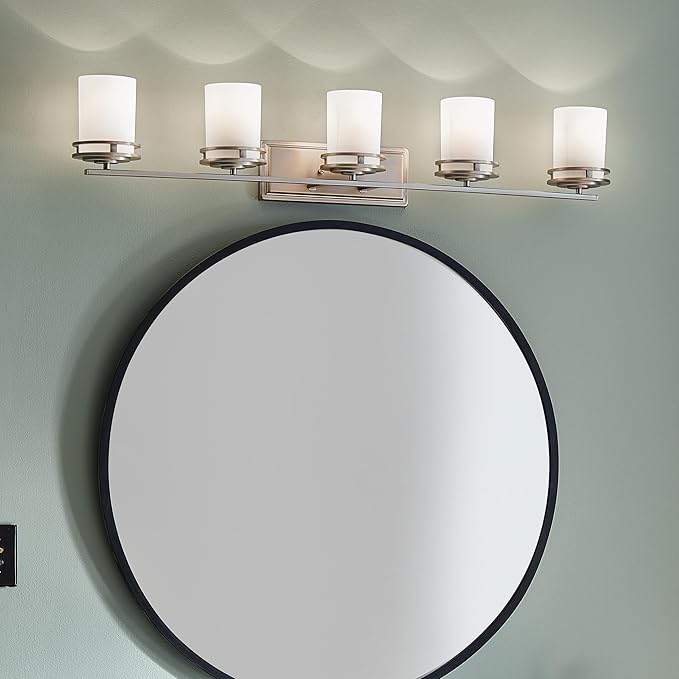 Kichler Hendrik 43" Vanity Light in Brushed Nickel, 5-Light Modern Bathroom Vanity with Satin Etched Cased Opal Glass, (43" W x 7.75" H), 5085NI