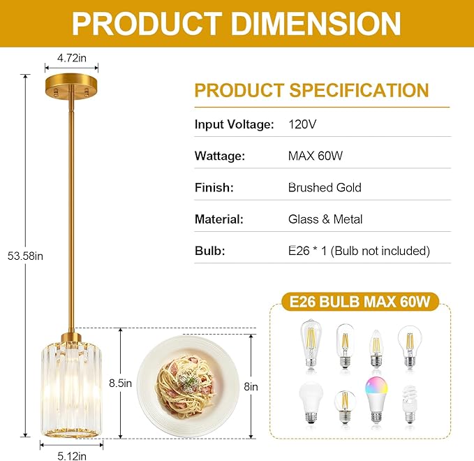 3 Pack Brushed Gold Pendant Lights Kitchen Island, Modern Crystal Chandelier Kitchen Pendant Lighting Over Island, Adjustable Hanging Mini Light Fixtures for Dining Room Hallway Corridor Bedroom
