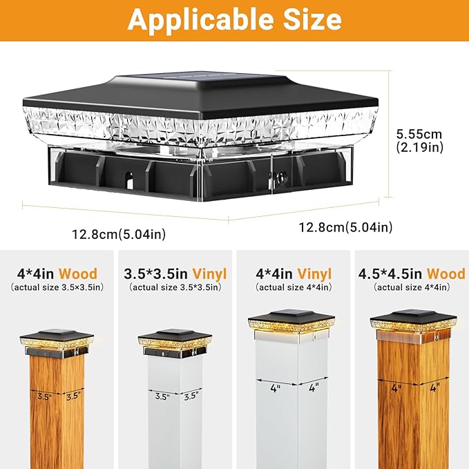 btfarm 2 Pack Solar Post Cap Lights Outdoor, 2 Color Modes 16 LED Fence Post Lights Fit 4x4 3.5x3.5 Wooden/Vinyl, Bright Waterproof Solar Powered Deck Lighting Outside for Patio Porch Garden, Black