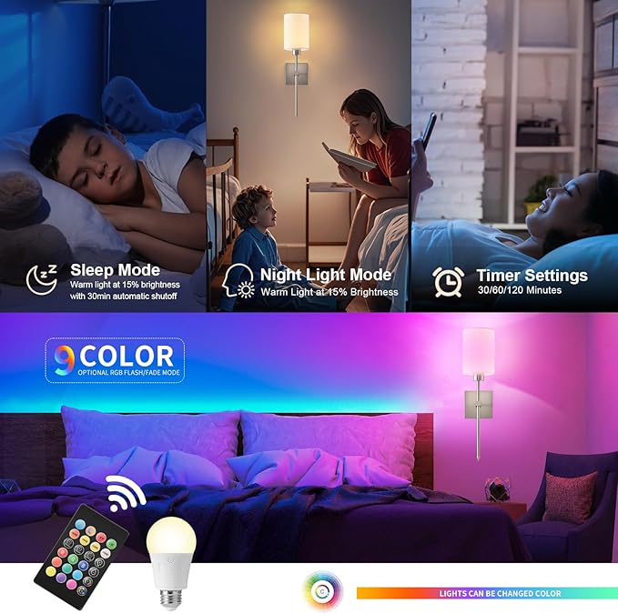 KARTOOSH Battery Operated Wall Sconce Set of Two, Wireless Rechargeable Wall Light with Remote Control, Dimmable, 4 Color Temperatures, RGB, Timer, for Living Room,Bedroom,Entryway, Nickel, 20.6 Inch