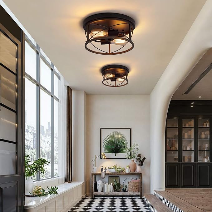 Q&S Farmhouse Ceiling Light Fixture Flush Mount,ORB+Bronze,Rustic Vintage Mini Ceiling Lighting for Hallway Entryway Kitchen Dining Room Bedroom Garage Gazebo Locker,2 Lights UL Listed