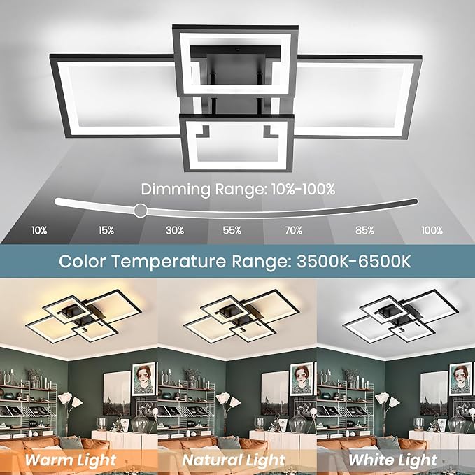 EIDISUNY Modern LED Ceiling Light, Square LED Flush Mount Ceiling Light, Dimmable Kitchen Light Fixtures with Remote&APP, Close to Ceiling Lighting Fixture for Dining Room Kitchen Living Room Bedroom