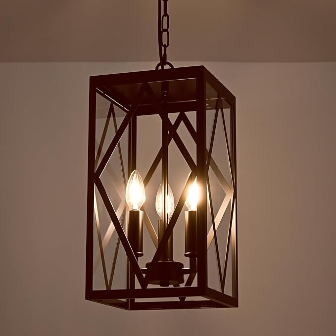 Outdoor Pendant Light Fixture 3-Light, 15.7in Farmhouse Bronze Outdoor Chandelier Hanging Porch Light, Metal Exterior Ceiling Mount Hanging Lantern with Clear Glass for Front Door Entrance