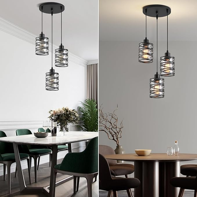3 Light Pendant Lights Kitchen Island Black Pendant Light Fixtures Spiral Iron Kitchen Island Lighting with Clear Glass Shade Adjustable Hanging Light Fixtures