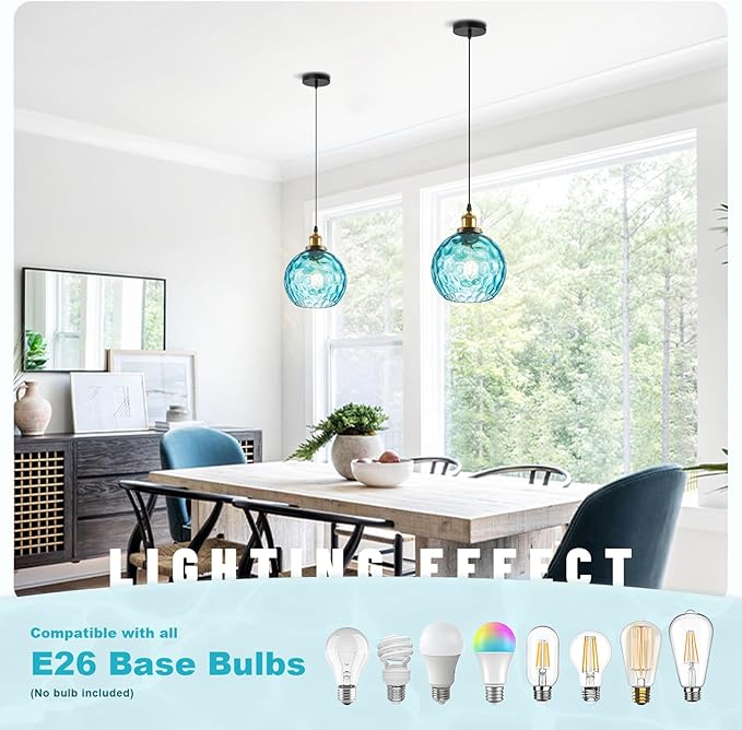 Blue Pendant Light Coastal Pendant Lighting Nautical Pendant Light with 7.8" Hammered Glass Globe 1-Light Chandelier Hanging Light Fixtures Ceiling Mount for Kitchen Island Bedroom Dining Room