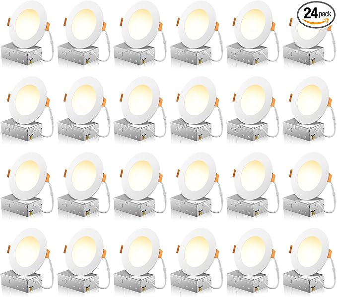 FREELICHT 24 Pack 4 Inch 5CCT Ultra-Thin LED Recessed Ceiling Light with Junction Box, 2700K/3000K/3500K/4000K/5000K Selectable, 700LM Brightness, Dimmable Canless Wafer Downlight, 10WEqv90W-ETL&FCC
