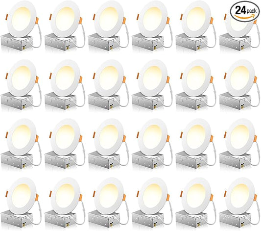 FREELICHT 24 Pack 4 Inch 5CCT Ultra-Thin LED Recessed Ceiling Light with Junction Box, 2700K/3000K/3500K/4000K/5000K Selectable, 700LM Brightness, Dimmable Canless Wafer Downlight, 10WEqv90W-ETL&FCC