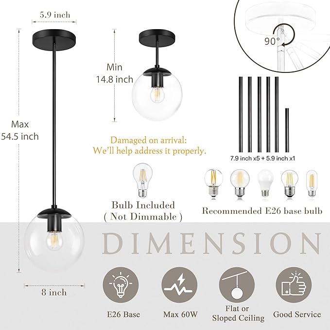 Bagood 8 Inch Black Mid Century Pendant Light Globe Clear Glass Fixture Lights Kitchen Island Globe Pendant Light Mid Century Adjustable Hanging Farmhouse Lights Fixtures for Kitchen Island