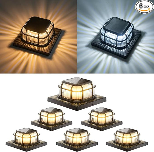 Solar Post Light 6 Packs with 4x4, 5x5 and 6x6 Inches Base for Vinyl/Wooden Posts, Bright 16 LEDs Solar Cap Lights with Two Light Modes for Decorating Deck, Patio, Porch, Fence (Black)
