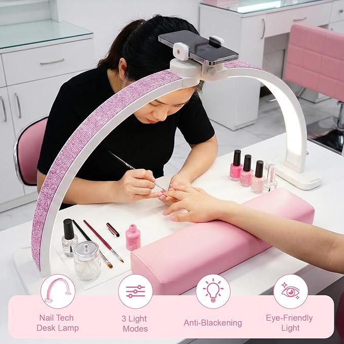 Half Moon Light for Nail Desk 31" Foldable LED Nail Desk Lamp with Phone Holder, Professional Nail Tech Light for Manicure & Beauty Studio