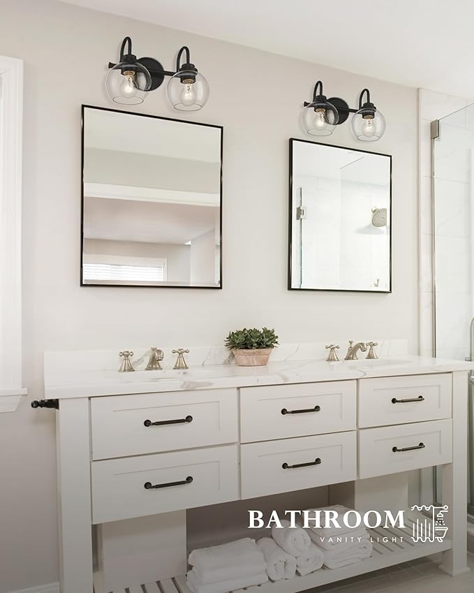 2-Light Bathroom Vanity Light Over Mirror, Matte Black Vanity Light with Clear Glass Shade, Bathroom Light Fixtures Wall Mount for Powder Room Bath, AD-22280-2W-BK