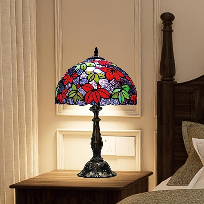 Tiffany Style Stained Glass Table Lamp, Maple Leaf Desk Light with Antique Bronze Resin Base, Multicolor Reading Lighting for Bedroom, Living Room, Office 12”X12“X19 (Maple-Purple Blue)