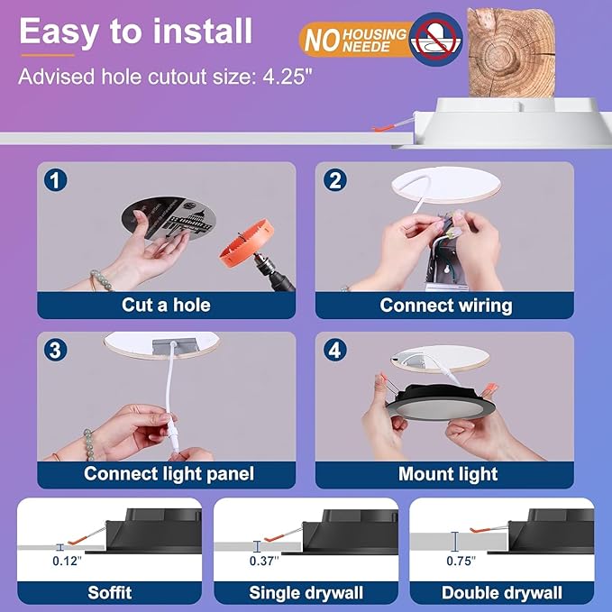 Smart Recessed Lighting 4 Inch RGBCW Color Changing 12W Black Recessed Ceiling Light with Junction Box,1080LM Canless LED Downlight Compatible with Alexa,Dimmable by Bluetooth Control -12Pack