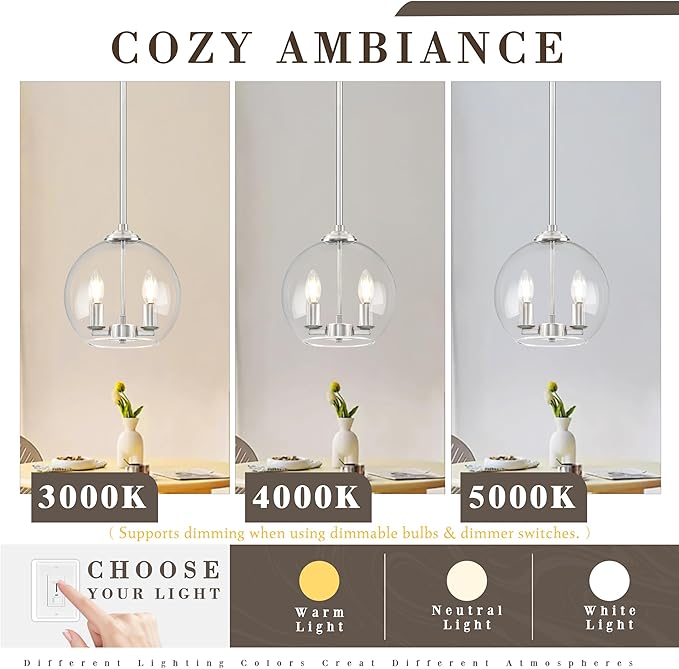 10" Globe Pendant Lights Kitchen Island 2 Pack Glass Globe Pendant Light Fixture Bedroom Mid Century Modern Pendant Lighting Nickel Pendant Light for Kitchen Island (Bulb Incl.)