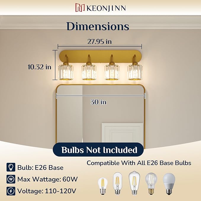 Keonjinn 4-Light Bathroom Light Fixtures, Crystal Gold Bathroom Vanity Lights Over Mirror, Vanity Lighting Fixtures with Crystal Square Shades (E26 Socket, Exclude Bulb)