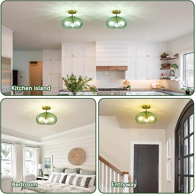 Green Glass Flush Mount Ceiling Light - 12 Inch Hammered Glass Hallway Light fixtures Ceiling, Vintage Gold Semi Flush Mount Ceiling Light,Mid Century Light Fixture for Bedroom Entryway Kitchen