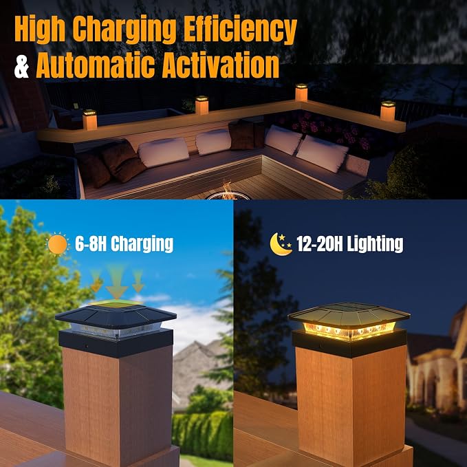 4x4 Solar Post Cap Lights Outdoor [6 Pack Waterproof IP65], 3 Lighting Modes for Fence Deck Patio Garden Decor, Dusk-to-Dawn Solar Powered Post Lights Fit 4x4 Wood/Vinyl