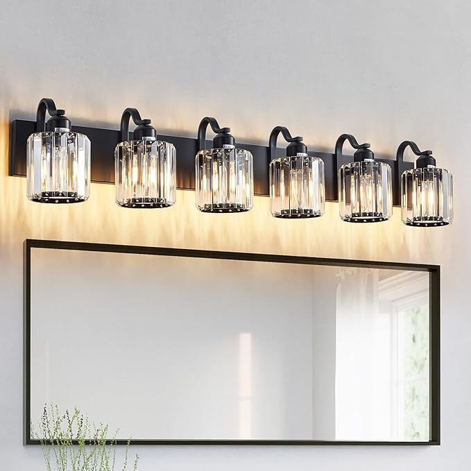 Black Crystal Bathroom Vanity Lights Fixtures 6 Light Over Mirror Modern Matte Black Bath Wall Lights with Round Shade (Exclude Bulb)