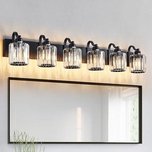 Black Crystal Bathroom Vanity Lights Fixtures 6 Light Over Mirror Modern Matte Black Bath Wall Lights with Round Shade (Exclude Bulb)