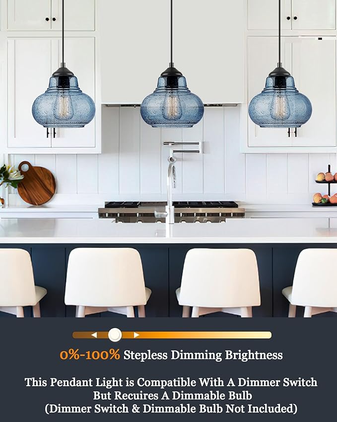 ELYONA 8 Inch Pendant Light for Kitchen Island Modern Blue Hand Blown Bubble Glass Pendant Lighting Hanging Light fixtures for Dining Room Bar Bedroom Living Room