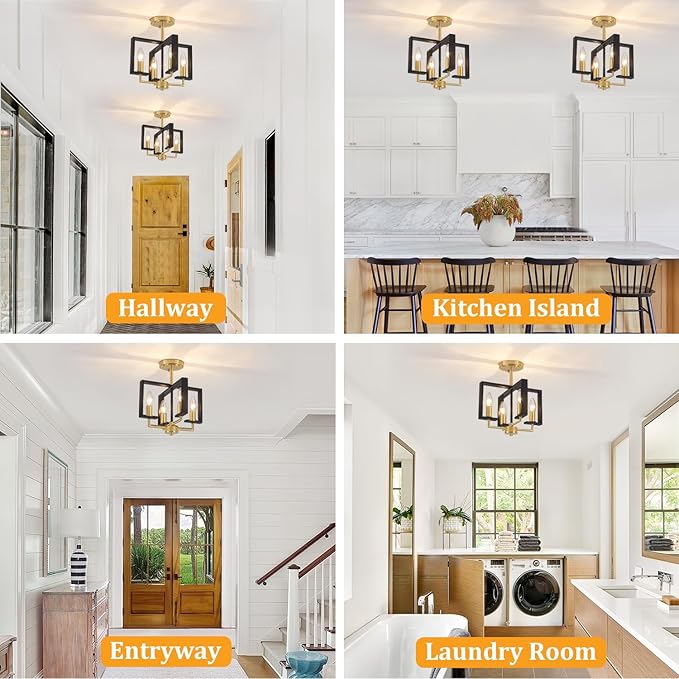 TOULMJ 4-Light Semi Flush Ceiling Light, Black Gold Ceiling Light Fixture, Farmhouse Light Fixture for Kitchen Island Hallway Entryway Laundry Room Bedroom