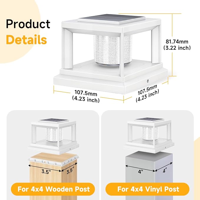 FOLKSMATE Solar Post Cap Lights 12 Pack, 2 Lighting Modes Cool/Warm White Outdoor Solar Powered, Waterproof Fence Deck Lights for 4×4 3.5×3.5 Wood Vinyl Posts, for Garden Patio Porch Decor, White