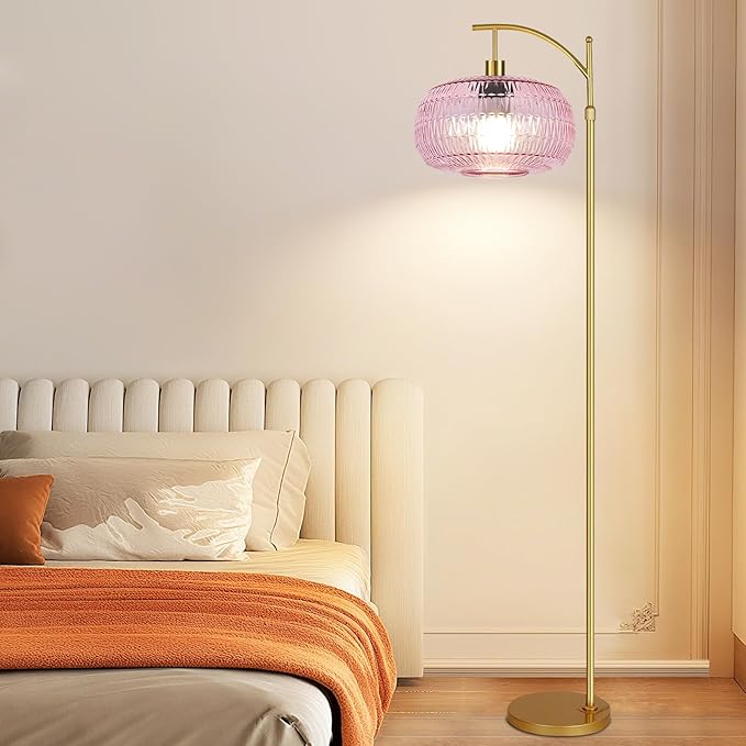 QIYIZM Pink Floor Lamp for Living Room,Bedroom,Gold Dimmable Standing Lamp with Remote,Mid Century Modern Brass Tall Lamp Boho Floor Lamps Arc Stained Glass Flower Floor Light Lamp Girls kids Bohemian