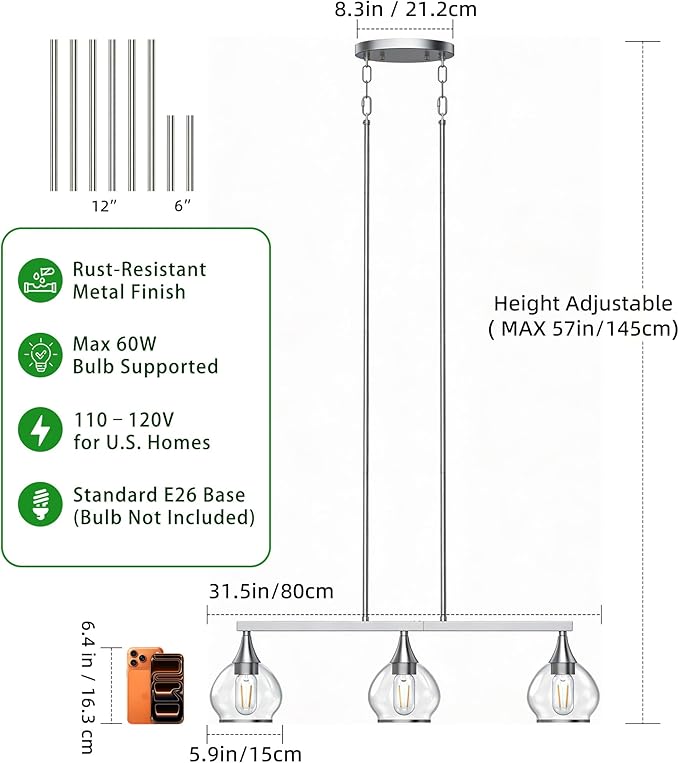 Kitchen Island Linear Pendant Light, 3-Light Modern Chandelier with Clear Glass Globe Shades, Linear Lighting Fixture Over Dining Table, Brushed Nickel