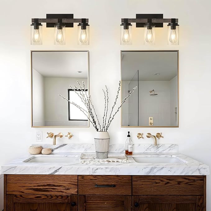 Bathroom Vanity Light Fixtures, Wooden Farmhouse Bathroom Lights over Mirror Vintage Rustic Sconces Wall Lighting 3-Light Industrial Matte Black Vanity Light for Bathroom Bedroom Hallway Kitchen