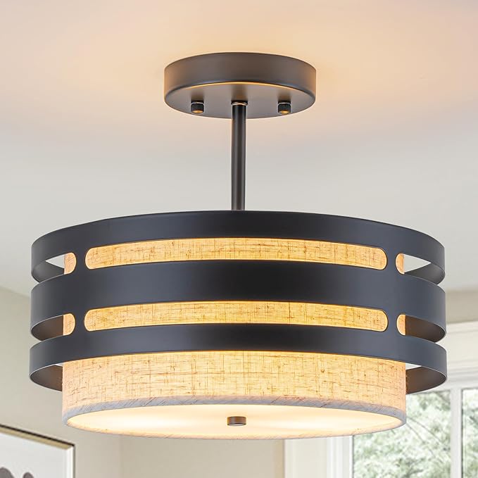 12.6” Drum Semi Flush Mount Ceiling Light Fixture, 3-Light Black Linen Ceiling Lights, Farmhouse Fabric Close to Ceiling Lighting for Bedroom Hallway Kitchen Entryway Foyer Dining Room