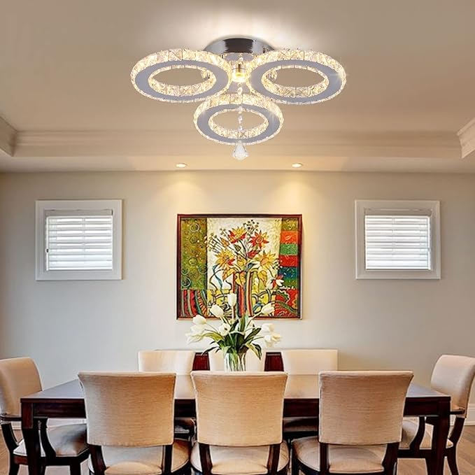LED Crystal Pendant Ceiling Light 13x3.5 Inches 3 Rings Crystal Chandelier Flush Mount Lighting Fixture for Bedroom Hobby Living Room (Warm White)