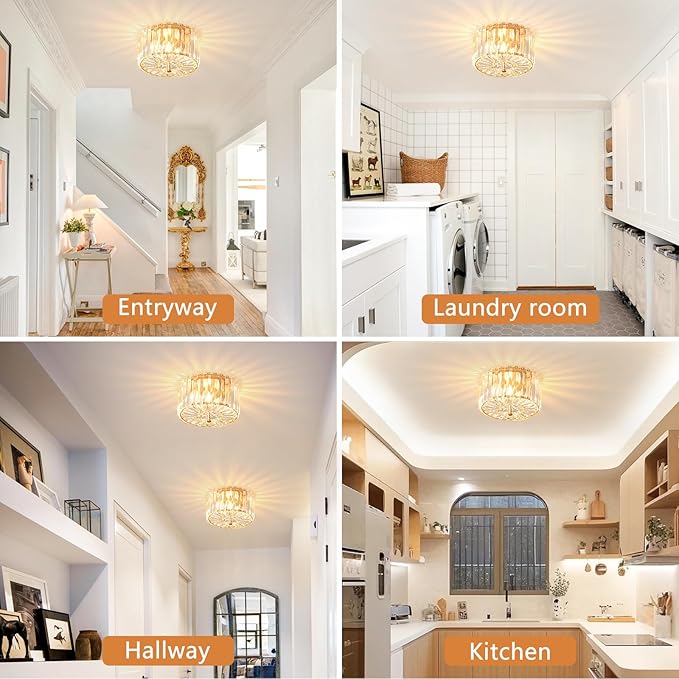 8.89" Small Crystal Ceiling Light, Modern Semi Flush Mount Ceiling Lighting Fixture, Gold Crystal Mini Chandelier for Hallway, Kitchen Entryway Laundry Room, 2-Light, XDD007-1-G