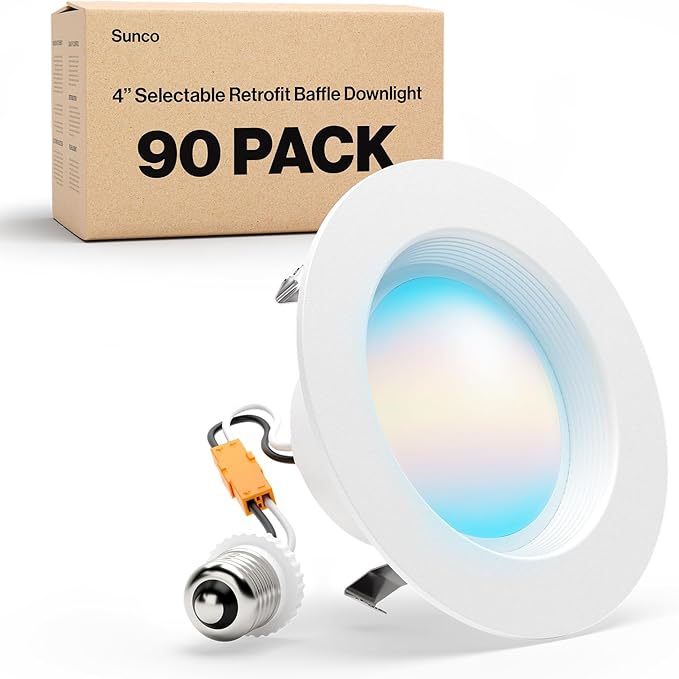 Sunco 90 Pack 4 Inch LED Recessed Lights, Retrofit Lighting LED Can Lights Downlight, 660LM, 2700K/3000K/3500K/4000K/5000K, Dimmable, Baffle Trim, 11W=60W, 50000 Lifetime Hours, Damp Rated UL