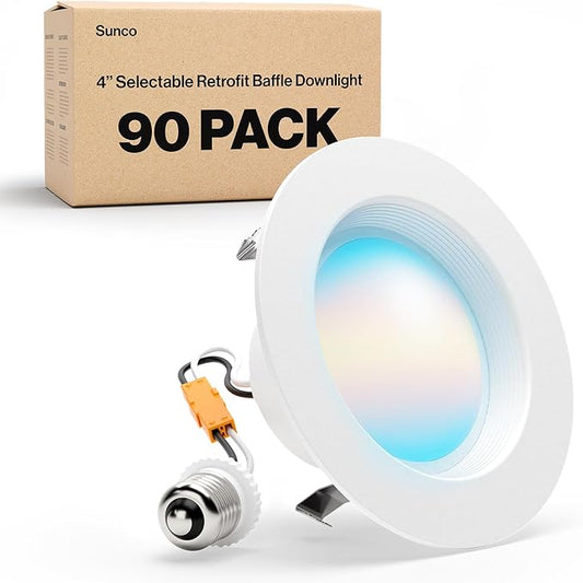 Sunco 90 Pack 4 Inch LED Recessed Lights, Retrofit Lighting LED Can Lights Downlight, 660LM, 2700K/3000K/3500K/4000K/5000K, Dimmable, Baffle Trim, 11W=60W, 50000 Lifetime Hours, Damp Rated UL