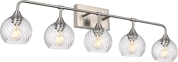 MELUCEE 5-Light Bathroom Lights Over Mirror in Brushed Nickel Finish, Modern Vanity Lights with Clear Striped Swirl Glass Shade Indoor Metal Wall Light Fixtures for Kitchen Powder Room Foyer