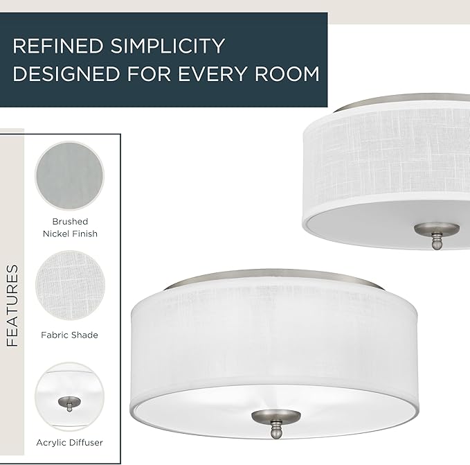 Quoizel Blanche 16" Flush Mount Ceiling Light with Premium Fabric Shade, Brushed Nickel, ETL Damp Rated for Kitchen or Bath