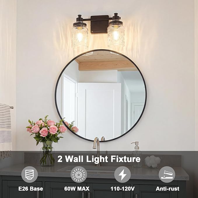 2 Lights Bathroom Light Fixtures Farmhouse Black Vanity Lights for Bathroom Lighting Fixtures Over Mirror with Hammered Glass Lampshade for Cabinet Mirror Bedroom Hallway
